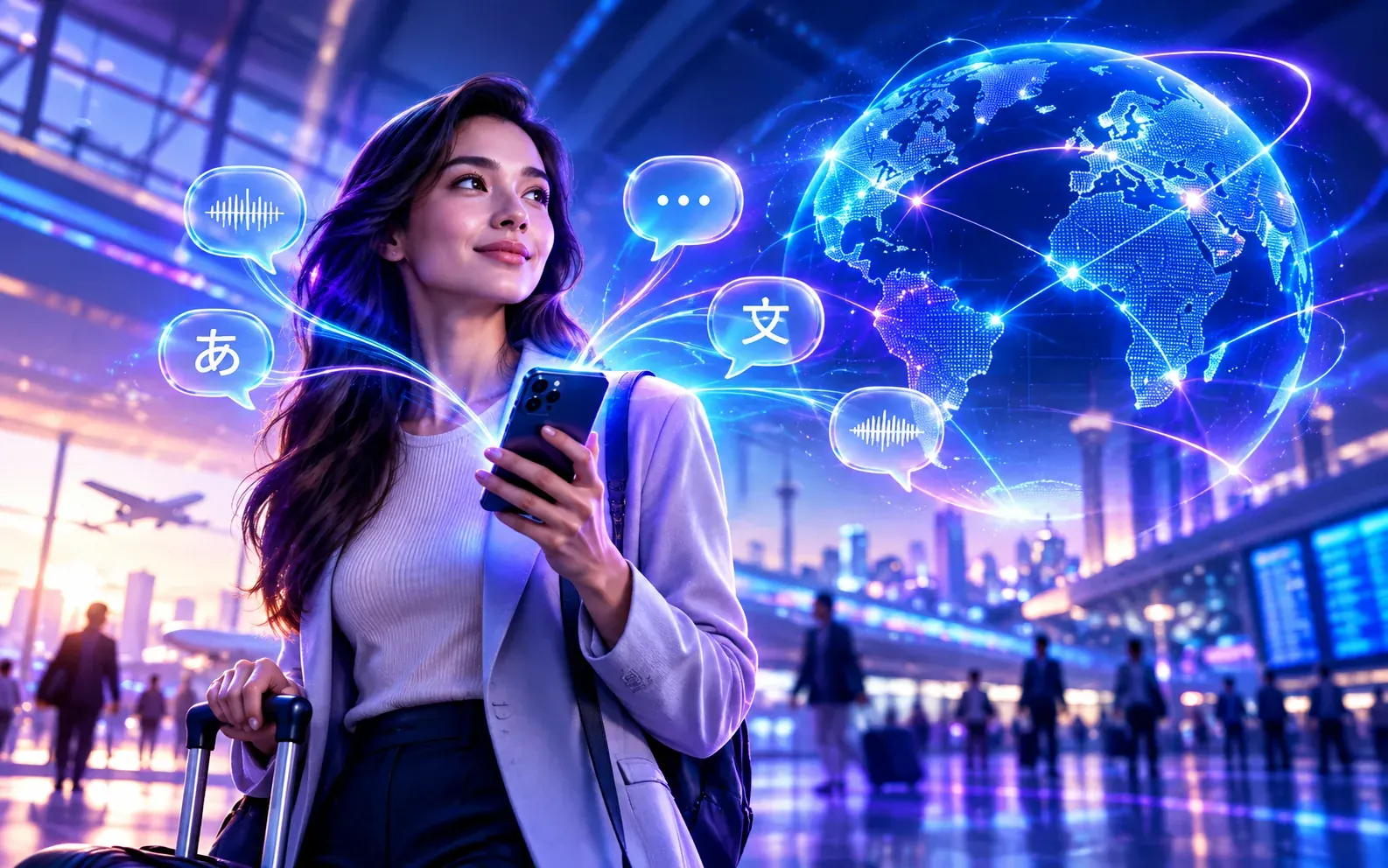 Viajera utilizando un teléfono con símbolos conceptuales de traducción